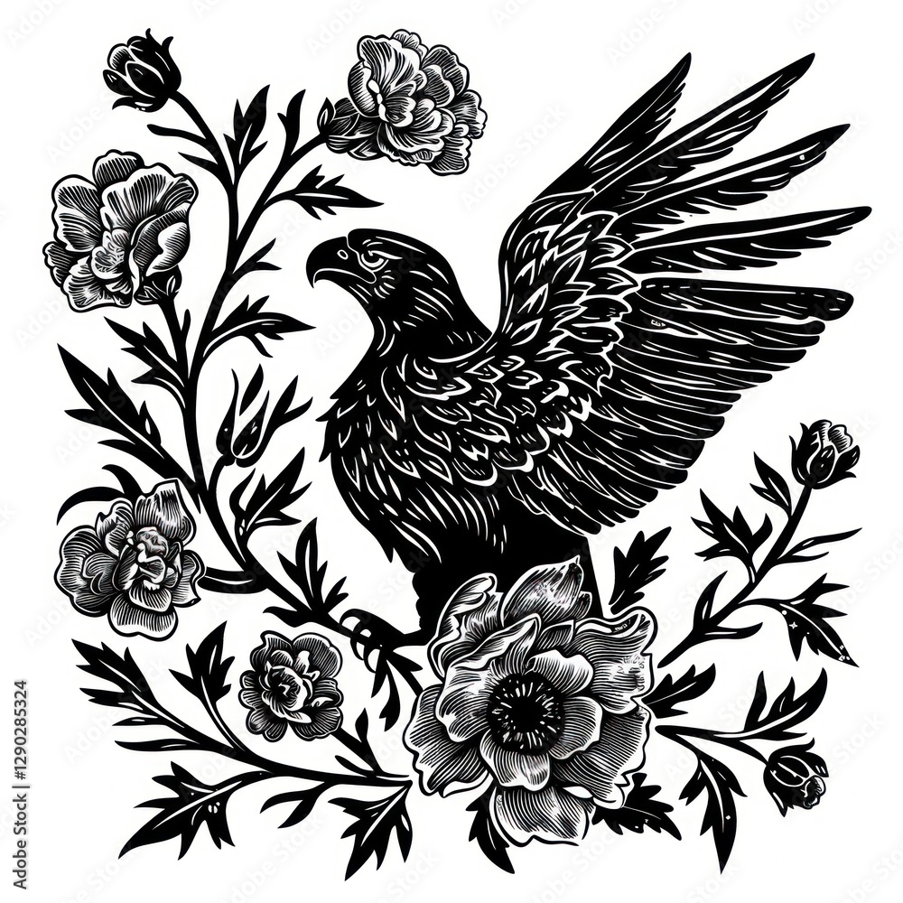 Fototapeta premium American Eagle and Flowers eagle art illustration.