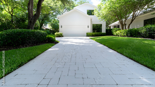 Modern white house driveway, green lawn, sunny day, real estate