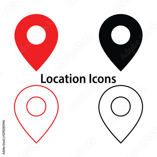 "Location Icons Set – Red and Black Map Pin Symbols for GPS and Navigation"

