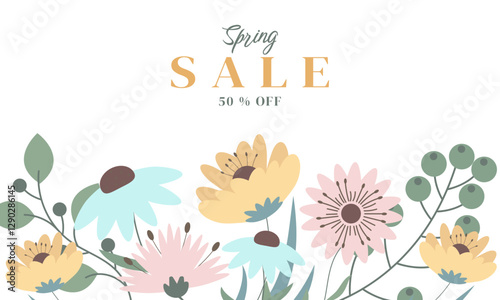 Hello Spring Sale Banner with Нand Drawn Flowers. Cute Background for Spring or Summer Banner. Hand Drawn Floral Art Template for Womens Day March 8, Birthday, Mothers Day, Weddings, Sale, Invitation.