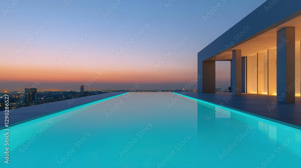 Fototapeta premium Luxurious Rooftop Infinity Pool Overlooking Bustling City at Sunset