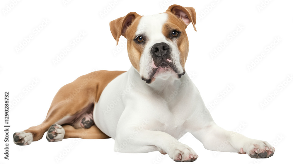 A relaxed dog lounging comfortably on a white background, exuding calmness A relaxed dog lounging comfortably on a white background, exuding calmness