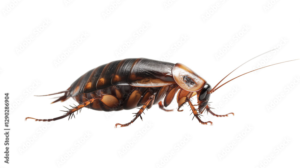 Close-up of a cockroach crawling on a surface, highlighting its detailed anatomy Close-up of a cockroach crawling on a surface, highlighting its detailed anatomy