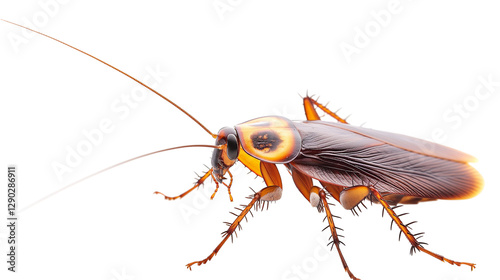 Close-up of a cockroach exhibiting detailed anatomy against a clean background