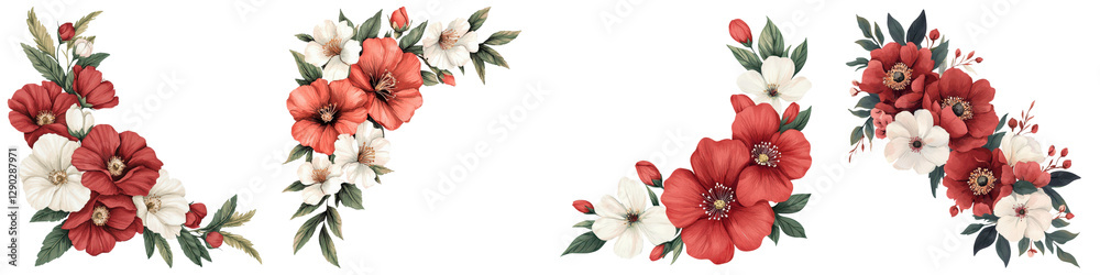 Fototapeta premium Elegant and Vibrant Floral Bouquets with Red and White Flowers Arranged in a Vintage Style for Romantic and Nature Inspired Designs