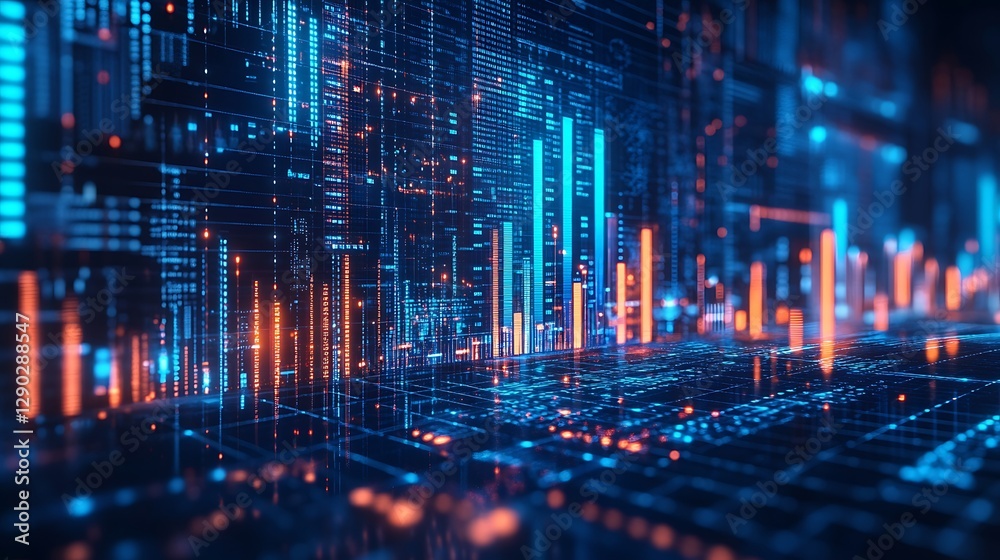 Obraz premium 3D Glowing Blue Bar Graph Showing Upward Trend, A 3D bar graph with a glowing blue color, depicting an upward trend with an arrow at the end