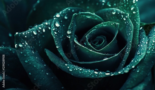 Close-up of a dark green rose with water droplets.