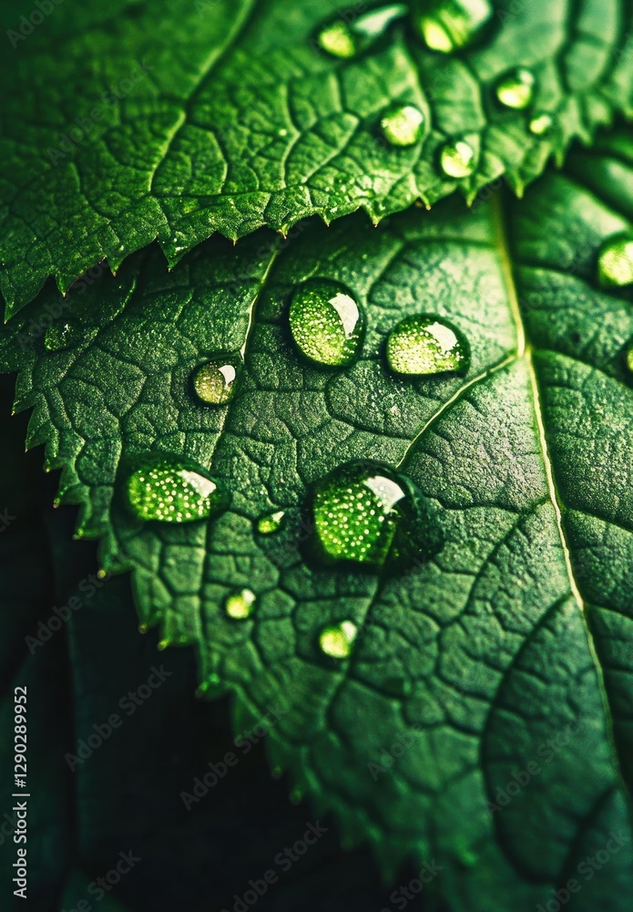 Fototapeta premium Close-up of dew drops on vibrant green leaves. (1)