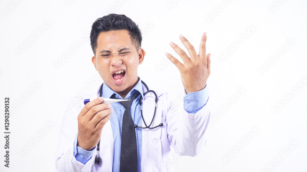 Portrait of Frustrated Asian Male Doctor Looking at Thermometer Isolated on White Background Portrait of Frustrated Asian Male Doctor Looking at Thermometer Isolated on White Background