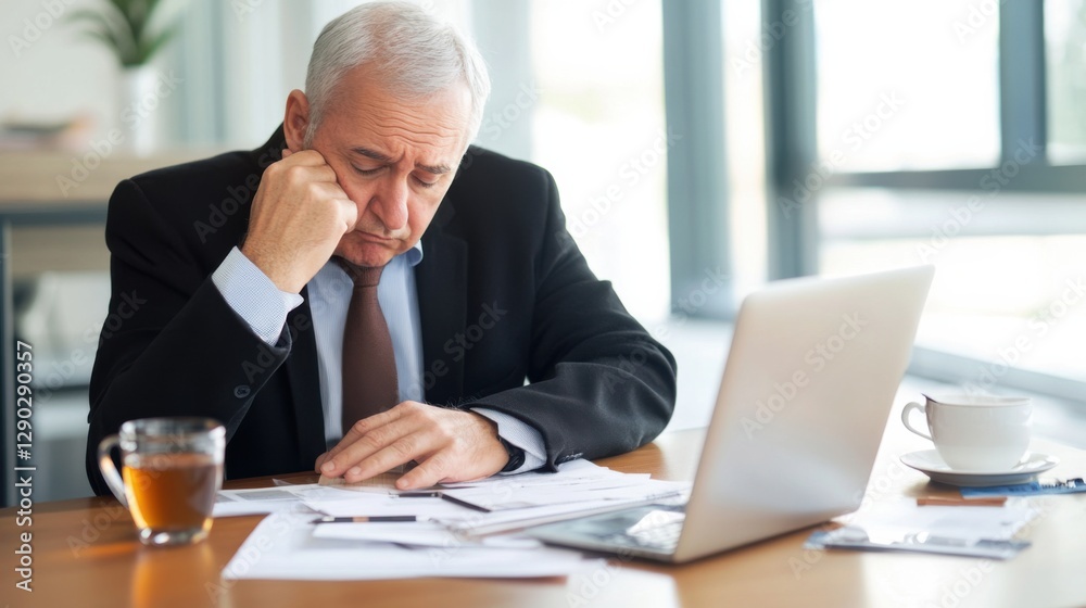 Retirement financial stress in a minimalist office. Featuring worry and indecision Retirement financial stress in a minimalist office. Featuring worry and indecision