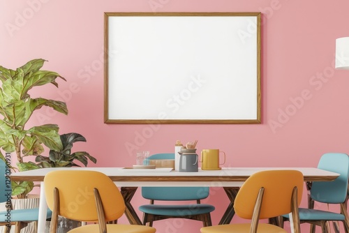 Dining room with Danish influence, colorful, pink wall with mockup frame.