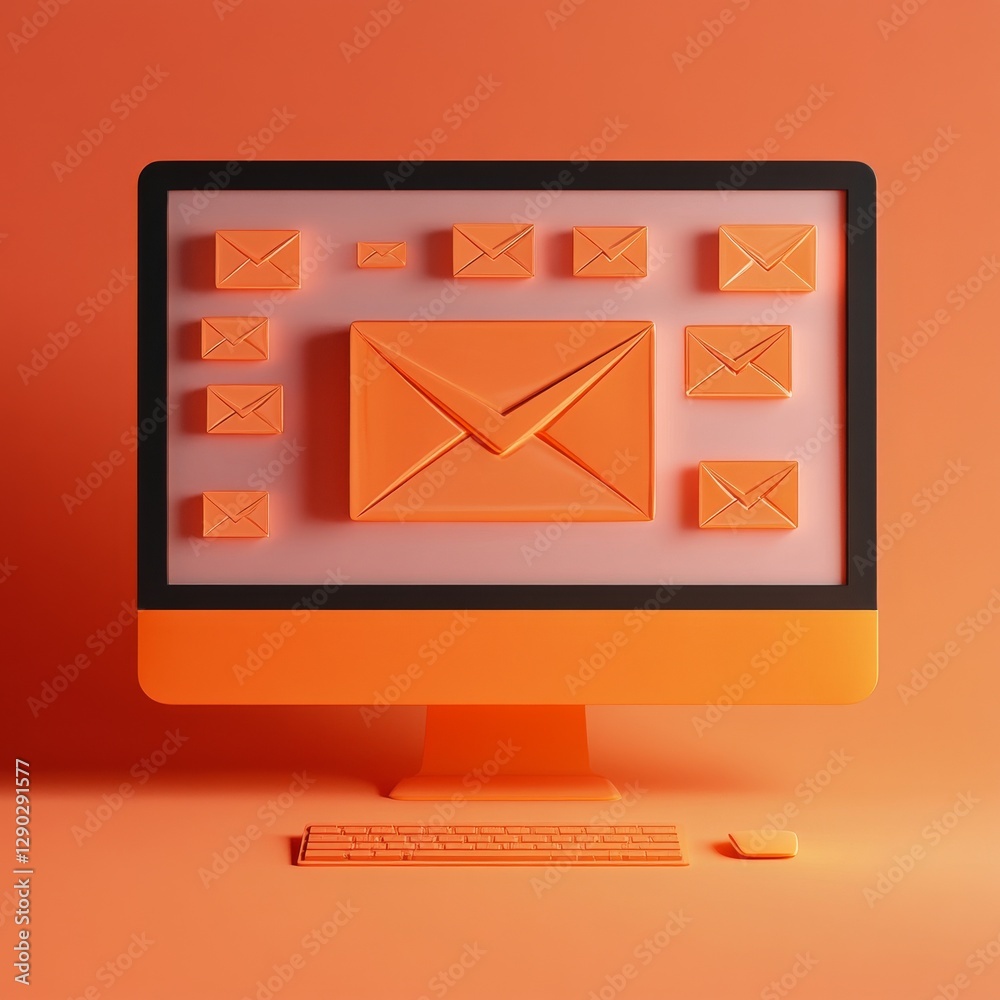 Orange E-mail Inbox: Abstract Computer Screen Displaying Multiple Digital Letter Icons for Online Communication Orange E-mail Inbox: Abstract Computer Screen Displaying Multiple Digital Letter Icons for Online Communication
