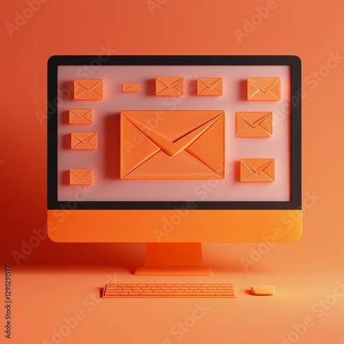 Orange E-mail Inbox: Abstract Computer Screen Displaying Multiple Digital Letter Icons for Online Communication
