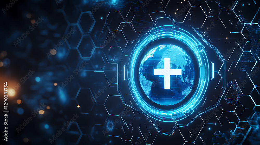 Blue glowing ring with earth and plus icon Blue glowing ring with earth and plus icon