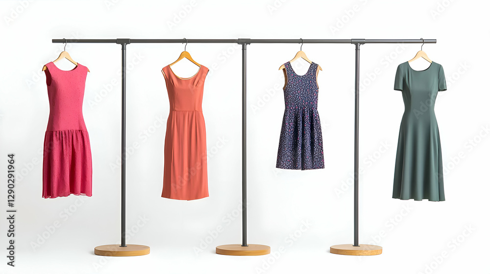 Four Summer Dresses on Display Rack Four Summer Dresses on Display Rack