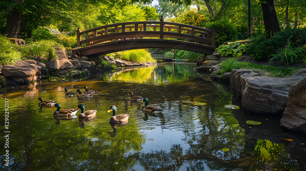 of ducks swimming in a small pond, reflecting the charming wooden bridge above of ducks swimming in a small pond, reflecting the charming wooden bridge above