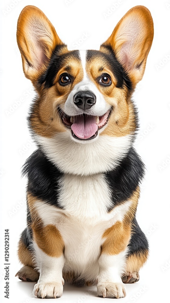 Adorable dog sitting happily in front of a bright white background showcasing its beautiful fur and personality Adorable dog sitting happily in front of a bright white background showcasing its beautiful fur and personality