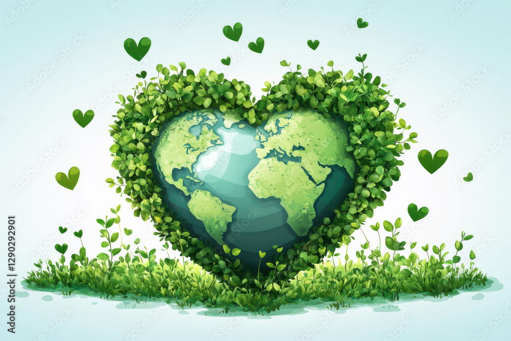 heart shaped globe surrounded by lush green leaves symbolizes love for Earth and environmental conservation. Small heart shaped leaves float around, enhancing theme of nature and sustainability heart shaped globe surrounded by lush green leaves symbolizes love for Earth and environmental conservation. Small heart shaped leaves float around, enhancing theme of nature and sustainability