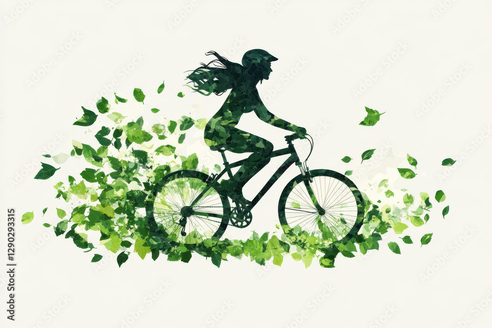 silhouette of woman riding bicycle is creatively formed by green leaves, symbolizing eco friendly transportation and environmental awareness silhouette of woman riding bicycle is creatively formed by green leaves, symbolizing eco friendly transportation and environmental awareness