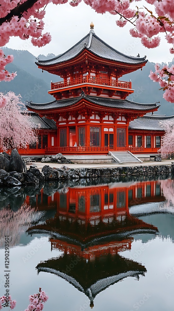 Naklejka premium Red temple, cherry blossoms, reflection, spring, Japan
