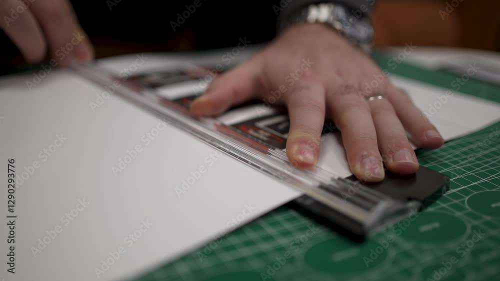 Hands using a rotary paper trimmer on a green self-healing cutting mat, with a focus on accuracy and efficiency Hands using a rotary paper trimmer on a green self-healing cutting mat, with a focus on accuracy and efficiency