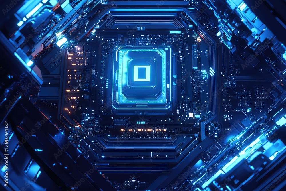 Fototapeta premium A futuristic motherboard with an embedded AI processor, surrounded by glowing blue digital patterns.