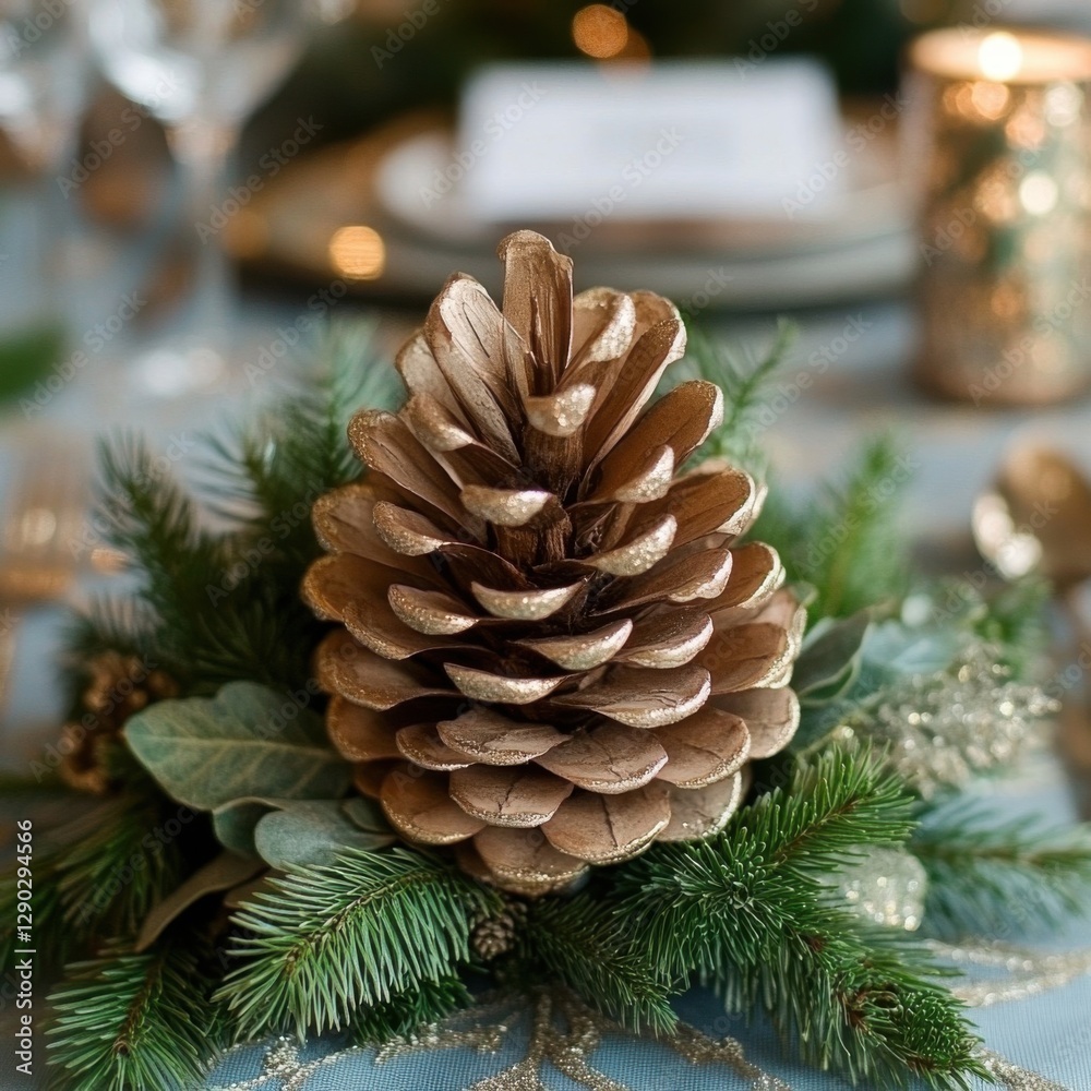 Elegant Pinecone Centerpiece on Festive Table Decoration Setting Elegant Pinecone Centerpiece on Festive Table Decoration Setting