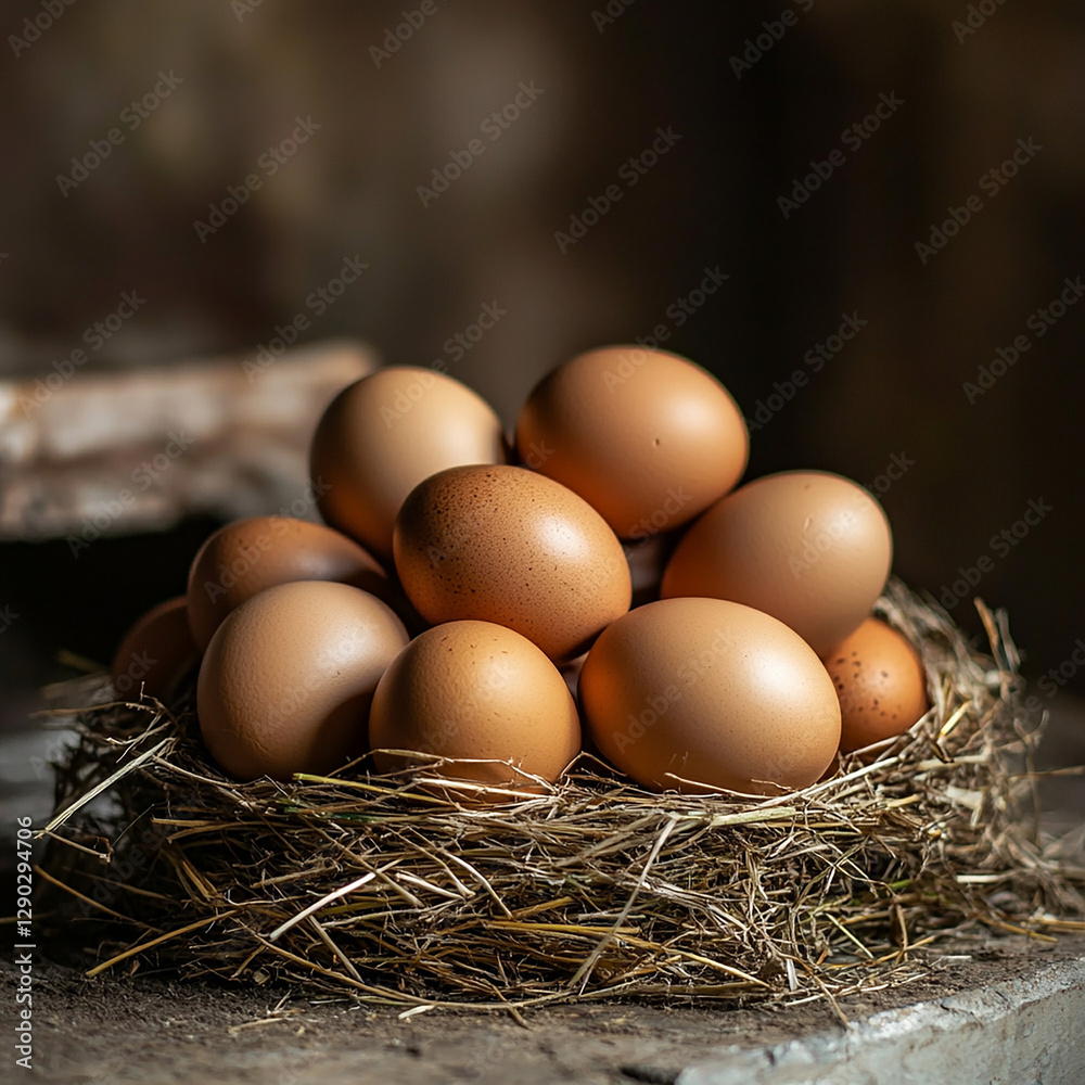 Freshly collected brown eggs resting in a rustic nest of straw. Generative AI Freshly collected brown eggs resting in a rustic nest of straw. Generative AI