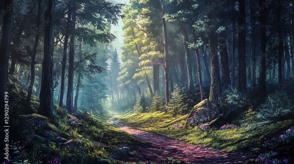 Fototapeta premium Magical forest path with sunlight streaming through trees.