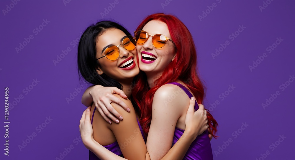 Fototapeta premium Two Women Hugging and Laughing in Sunglasses Against a Purple Background