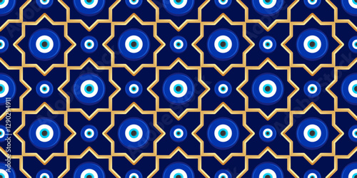 Evil eye seamless pattern. Turkish vector background with blue beads and magic nazar. Mystic Greek amulet is the symbol of protection and luck. Arabic and Mediterranean ethnic wallpaper