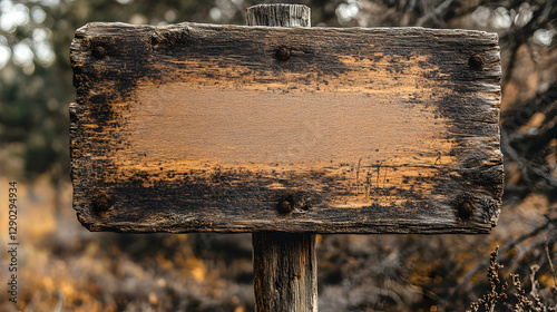 Weathered wooden sign in a forest