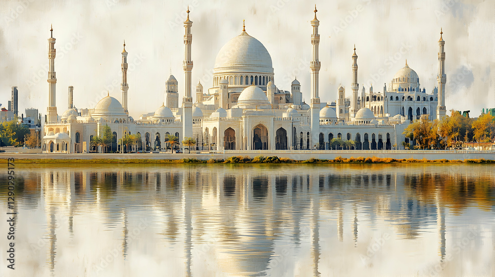 Fototapeta premium White Mosque Reflects on Calm Water