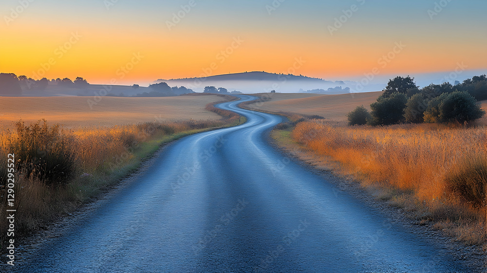 Winding road through golden fields at sunrise Winding road through golden fields at sunrise
