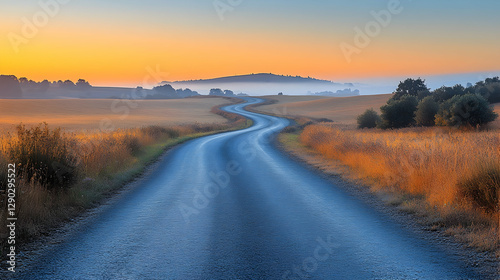 Winding road through golden fields at sunrise