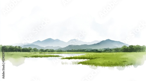 Watercolor landscape of a tranquil lake and mountains