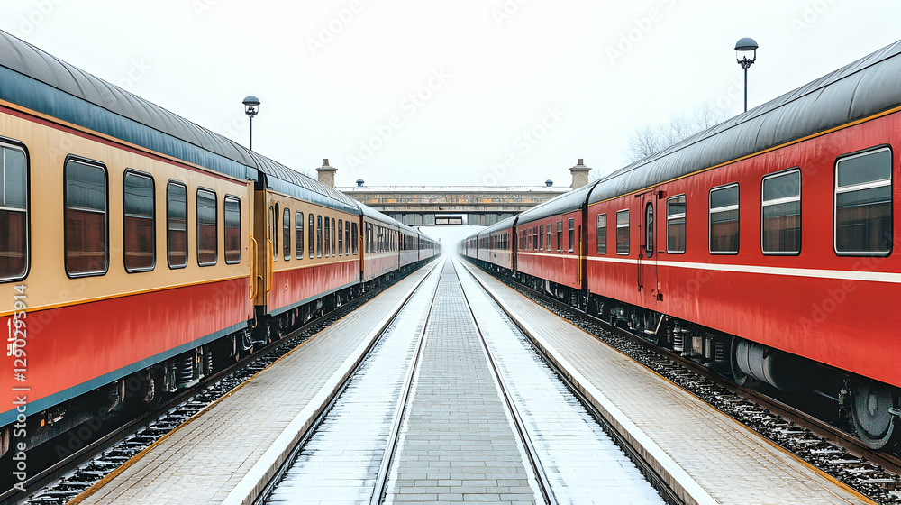 Fototapeta premium Winter train platform with two trains