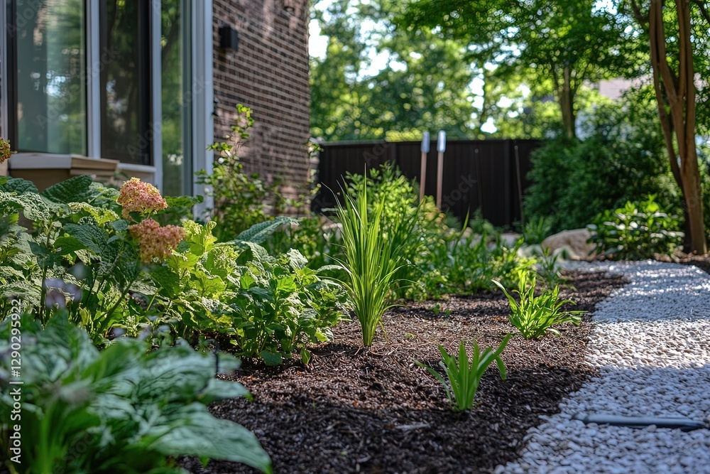 A medium closeup of a lush garden with several A medium closeup of a lush garden with several