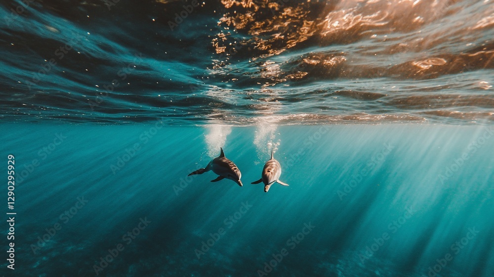 Obraz premium Underwater Dolphins Swimming, Sunlight Rays, Ocean Depths