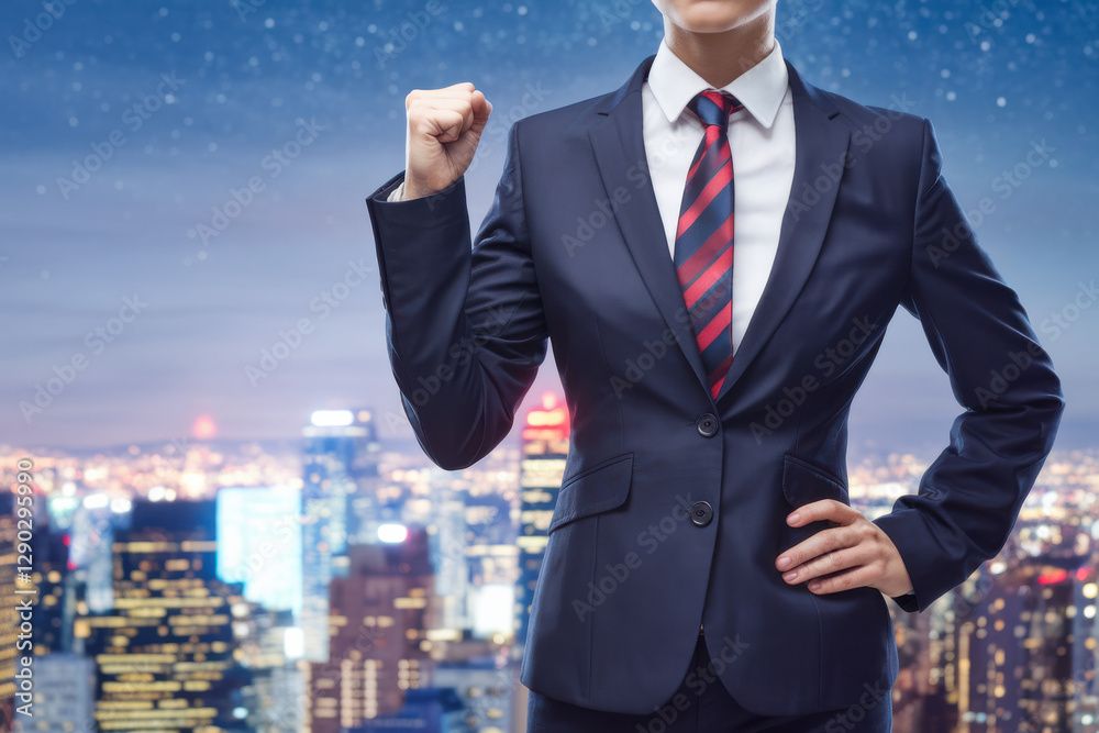 A prosperous corporate figure raising a clenched fist, standing tall against a dazzling city panorama A prosperous corporate figure raising a clenched fist, standing tall against a dazzling city panorama