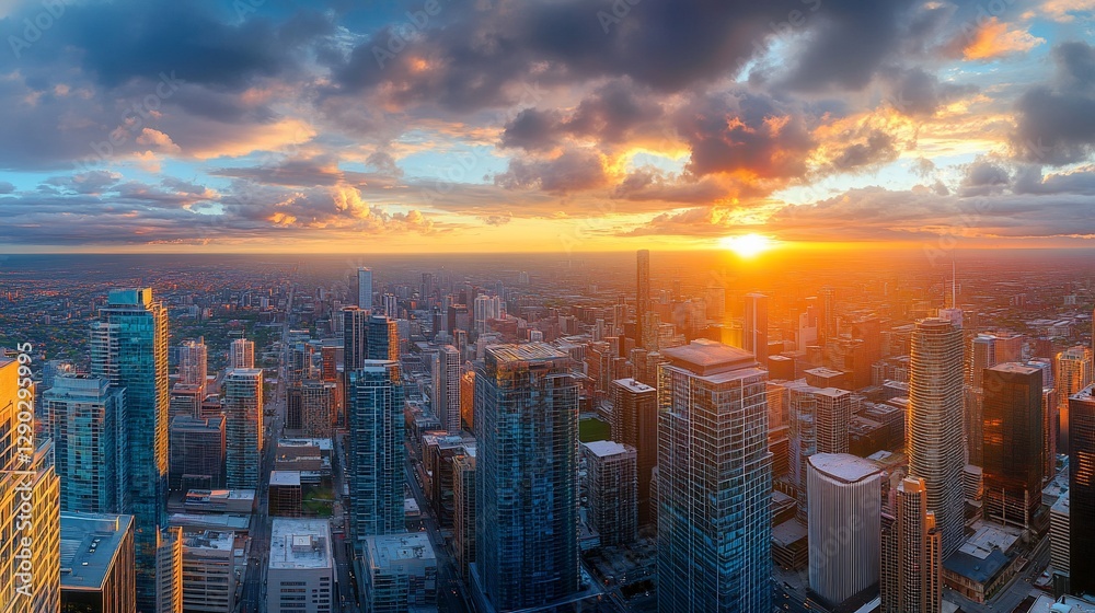 Fototapeta premium Vibrant sunset over a sprawling cityscape.