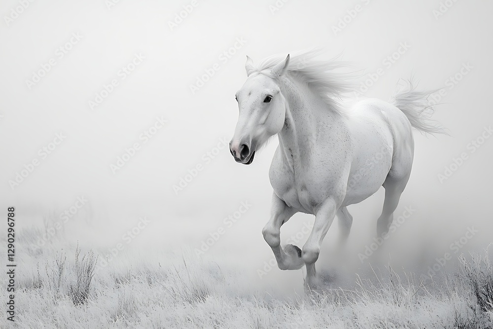 Obraz premium Majestic white horse galloping in misty field