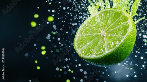 A close up shot of a lime being squeezed, with a burst of bright green juice droplets splattering against a dark background, highlighting the fruit refreshing aroma and zesty flavor.