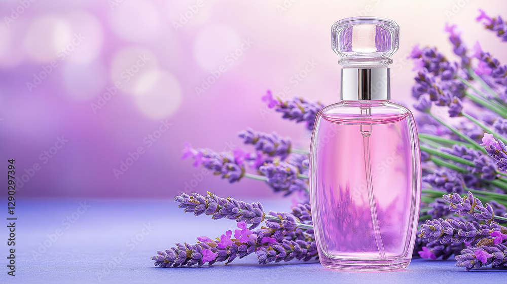 A bottle of lavender perfume stands on a light purple background surrounded by lavender flowers. Aromatherapy and product advertising concept. Lavender gift catalog A bottle of lavender perfume stands on a light purple background surrounded by lavender flowers. Aromatherapy and product advertising concept. Lavender gift catalog