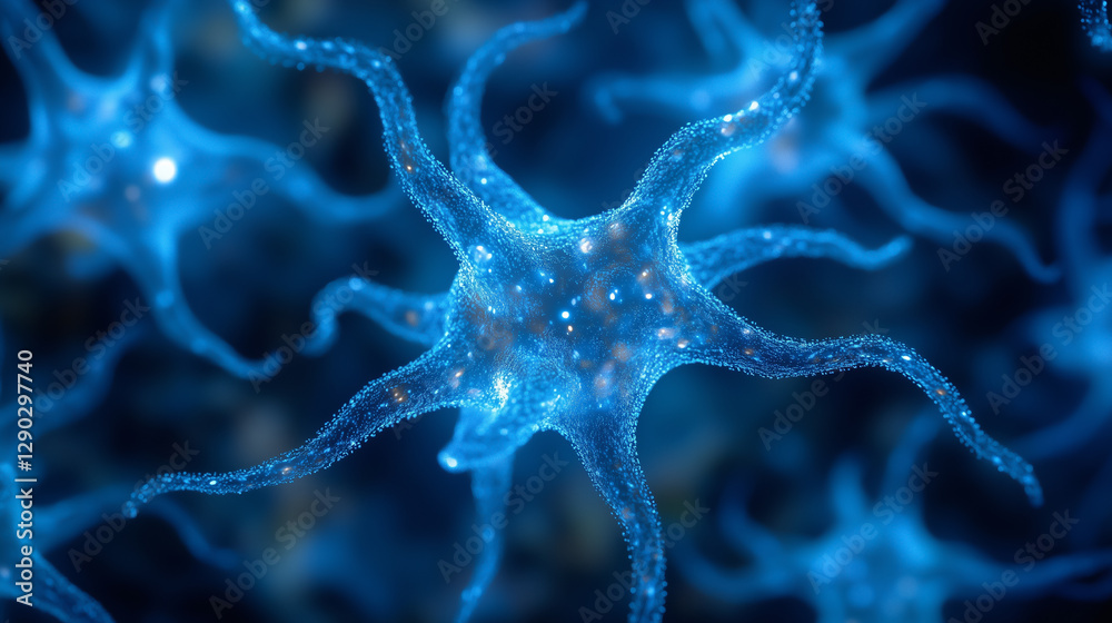 Neurons glowing in blue light display intricate structures and connectivity in a captivating representation of brain activity