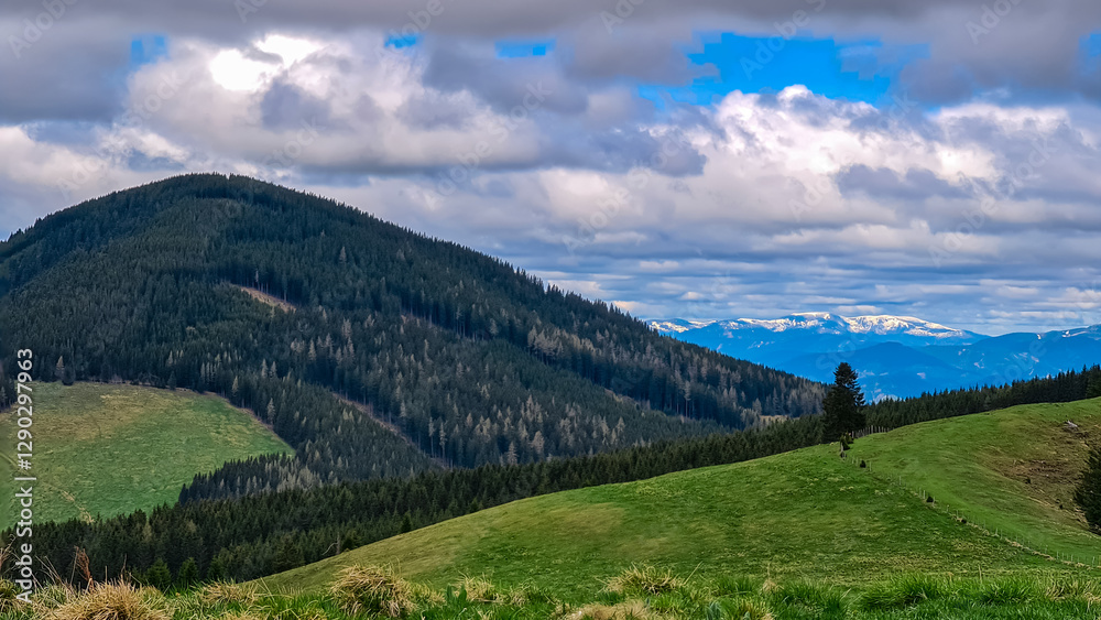 Fototapeta premium Verdant rolling hills across Plankogel, Styria, Austria, under partly cloudy sky. Patches of coniferous trees dot the landscape, creating a textured, scenic view of the Austrian countryside. Tranquil