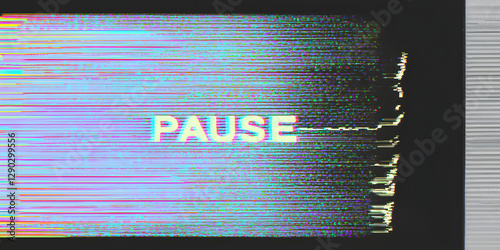 TV screen texture with glitch text PAUSE. HDTV no signal problems. Bad TV signal on TV screen Noise of motion background lines. Glitch VHS. concept. Glitch camera effect. Video rewind texture