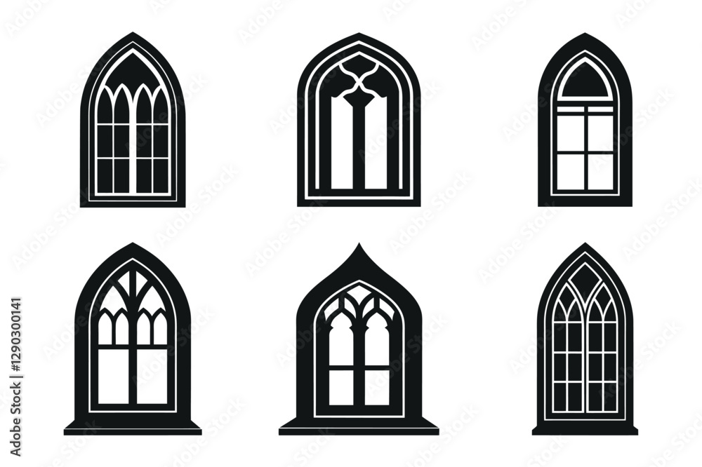 Temple window or door different shape Silhouettes set. Temple architectural window and door vector illustration isolated on white background Temple window or door different shape Silhouettes set. Temple architectural window and door vector illustration isolated on white background