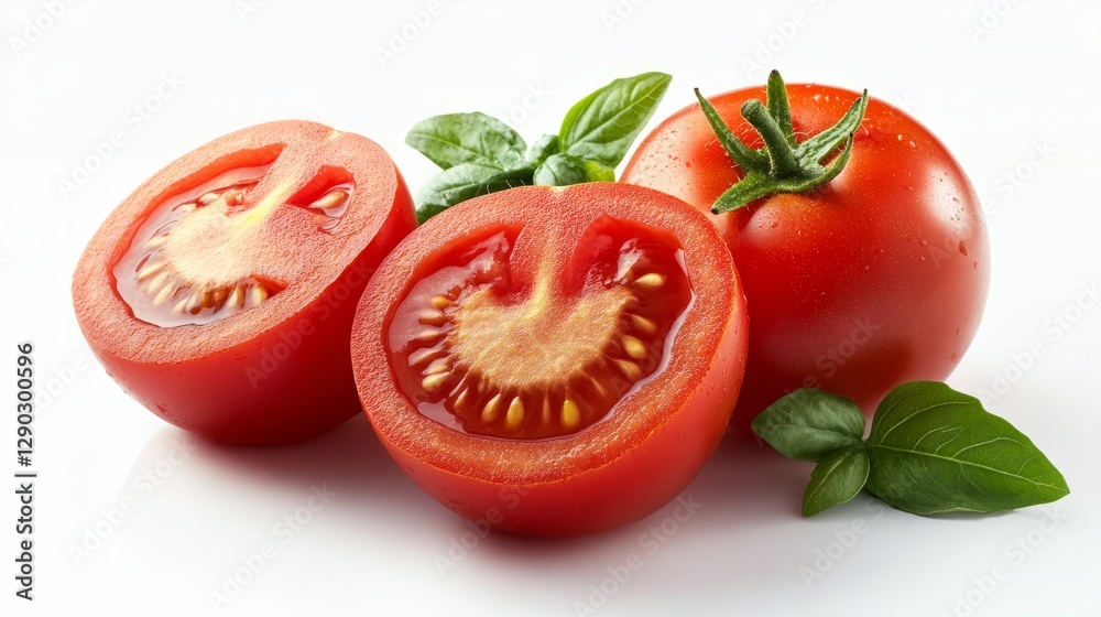 A perfectly sliced red tomato, juicy interior with seeds visible, isolated on a clean white background A perfectly sliced red tomato, juicy interior with seeds visible, isolated on a clean white background
