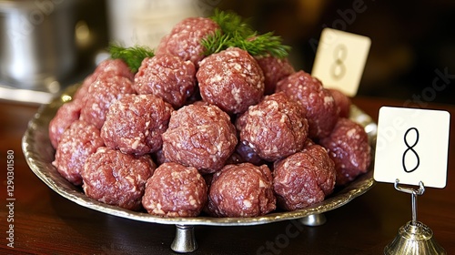 Fresh meatball display in a silver dish, with numbered tag, in a butcher shop